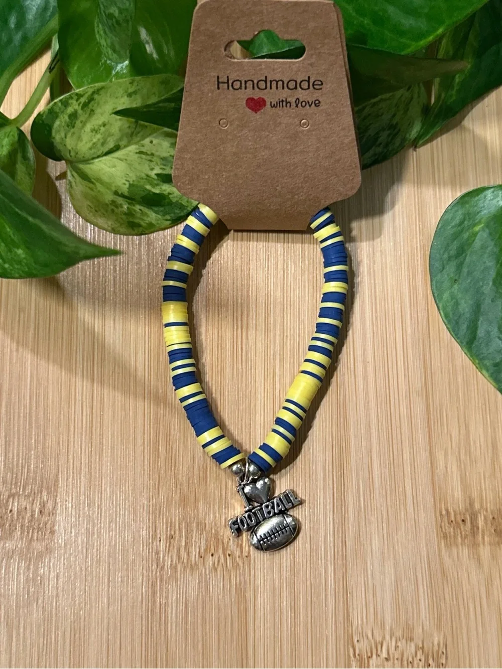 🏈✨ Football Stretchy Beaded‎ Bracelet | Handmade | Silver Football Dangle Charm